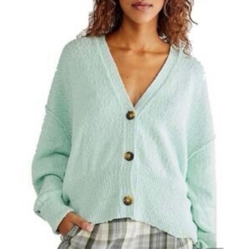 Free People Found My Friends Cardigan Mint Green Textured Knit V-Neck Large